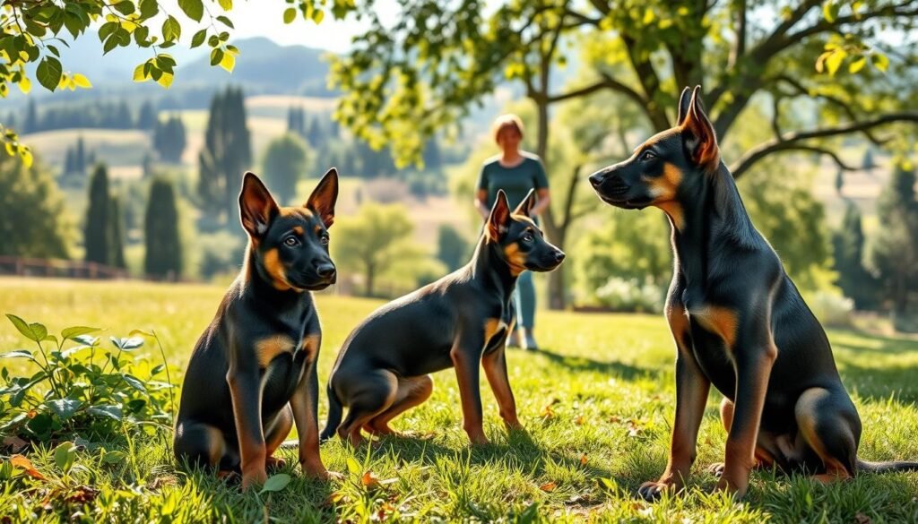 A lush, verdant outdoor setting with gentle sunlight filtering through the leaves. In the foreground, two young German Shepherd Doberman cross puppies, their alert ears perked up, paws firmly planted as they intently focus on their trainer, a patient figure in the middle ground guiding them through obedience exercises. The puppies' sleek coats gleam, their muscular builds hinting at their strong heritage. In the background, a picturesque countryside scene unfolds, rolling hills and towering trees creating a serene, natural backdrop. The overall atmosphere is one of harmony, discipline, and the bond between human and canine. A lush, verdant outdoor setting with gentle sunlight filtering through the leaves. In the foreground, two young German Shepherd Doberman cross puppies, their alert ears perked up, paws firmly planted as they intently focus on their trainer, a patient figure in the middle ground guiding them through obedience exercises. The puppies' sleek coats gleam, their muscular builds hinting at their strong heritage. In the background, a picturesque countryside scene unfolds, rolling hills and towering trees creating a serene, natural backdrop. The overall atmosphere is one of harmony, discipline, and the bond between human and canine.