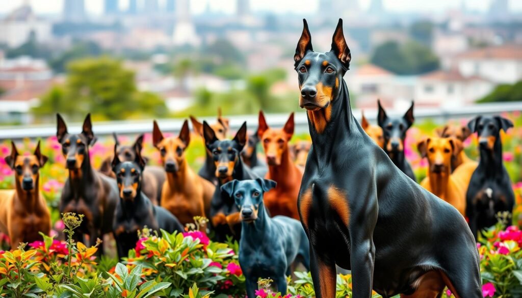 A lush, vibrant garden filled with a diverse array of Doberman Pinscher breeds, each proudly showcasing their unique coats. In the foreground, a majestic black and tan Doberman stands tall, its polished coat gleaming in the soft, diffused lighting. Surrounding it, a mix of Doberman colors come alive, from the rich, warm mahogany of the rust-colored variant to the striking, bold contrast of the blue Doberman. In the background, a blurred cityscape provides a subtle backdrop, allowing the canine subjects to take center stage. The overall scene captures the essence of Doberman color preferences, highlighting the breed's remarkable diversity and the pride owners take in their beloved companions. A lush, vibrant garden filled with a diverse array of Doberman Pinscher breeds, each proudly showcasing their unique coats. In the foreground, a majestic black and tan Doberman stands tall, its polished coat gleaming in the soft, diffused lighting. Surrounding it, a mix of Doberman colors come alive, from the rich, warm mahogany of the rust-colored variant to the striking, bold contrast of the blue Doberman. In the background, a blurred cityscape provides a subtle backdrop, allowing the canine subjects to take center stage. The overall scene captures the essence of Doberman color preferences, highlighting the breed's remarkable diversity and the pride owners take in their beloved companions.