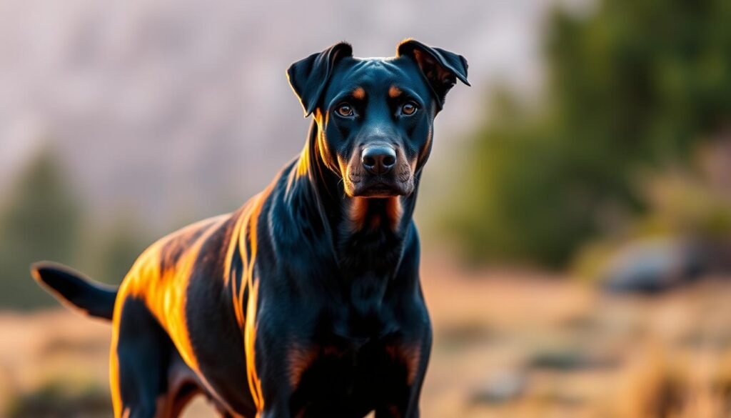 A majestic Doberman Alsatian mix stands tall, its alert gaze radiating intelligence and confidence. Its muscular frame exudes power, tempered by a gentle demeanor as it gazes calmly at the viewer. Warm, amber lighting illuminates the mix's sleek, ebony coat, accentuating the regal poise of this loyal companion. The surrounding environment is a serene, natural landscape, hinting at the mix's adaptability and affinity for the outdoors. Subtle details, such as the attentive tilt of its head and the subtle curve of its tail, convey the breed's inherent balance of strength and temperament.