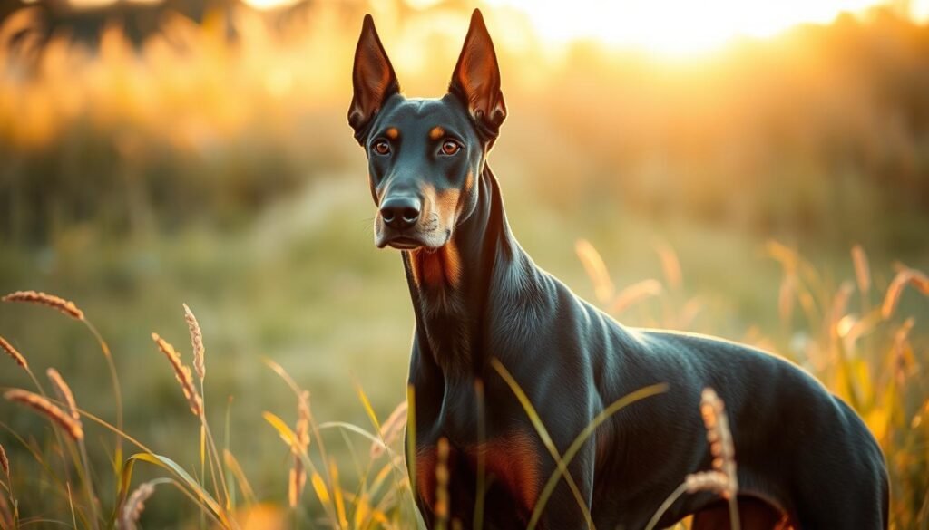 A majestic Doberman Alsation Cross stands in a sunlit meadow, its powerful build and alert gaze commanding attention. The dog's muscular frame and keen expression reflect its confident, loyal temperament. Subtle hints of the Alsation's softer features blend seamlessly with the Doberman's regal bearing, creating a striking hybrid. Warm, golden light filters through swaying grasses, casting a gentle glow on the scene. The dog's intense eyes convey a keen intelligence and protective nature, hinting at the breed's versatility and adaptability. This captivating canine embodies the best traits of its parent breeds, showcasing the Doberman Alsation Cross's remarkable temperament.