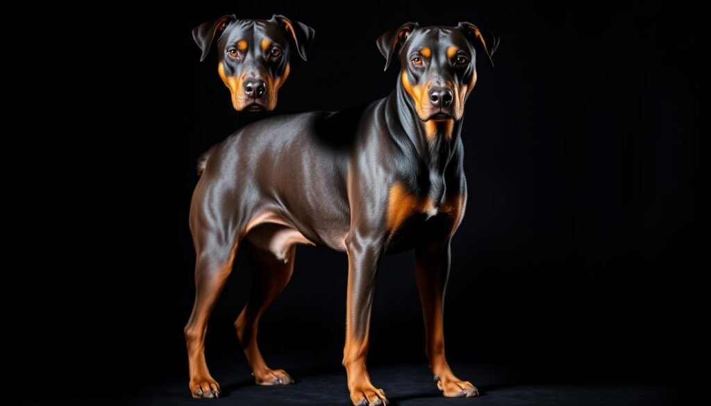 A majestic Doberman Pinscher Rottweiler mix stands proudly, its sleek, muscular body covered in a dense, shiny coat. The animal's piercing gaze commands attention, its sharp features a harmonious blend of its parent breeds. Dramatic lighting casts dramatic shadows, accentuating the mix's powerful physique and imposing presence. The dog's strong, stocky limbs are poised, ready to spring into action, while its broad chest and thick neck suggest immense strength. A sense of controlled power radiates from the animal, hinting at the blend of intelligence, loyalty, and protective instincts that define this striking hybrid breed. A majestic Doberman Pinscher Rottweiler mix stands proudly, its sleek, muscular body covered in a dense, shiny coat. The animal's piercing gaze commands attention, its sharp features a harmonious blend of its parent breeds. Dramatic lighting casts dramatic shadows, accentuating the mix's powerful physique and imposing presence. The dog's strong, stocky limbs are poised, ready to spring into action, while its broad chest and thick neck suggest immense strength. A sense of controlled power radiates from the animal, hinting at the blend of intelligence, loyalty, and protective instincts that define this striking hybrid breed.