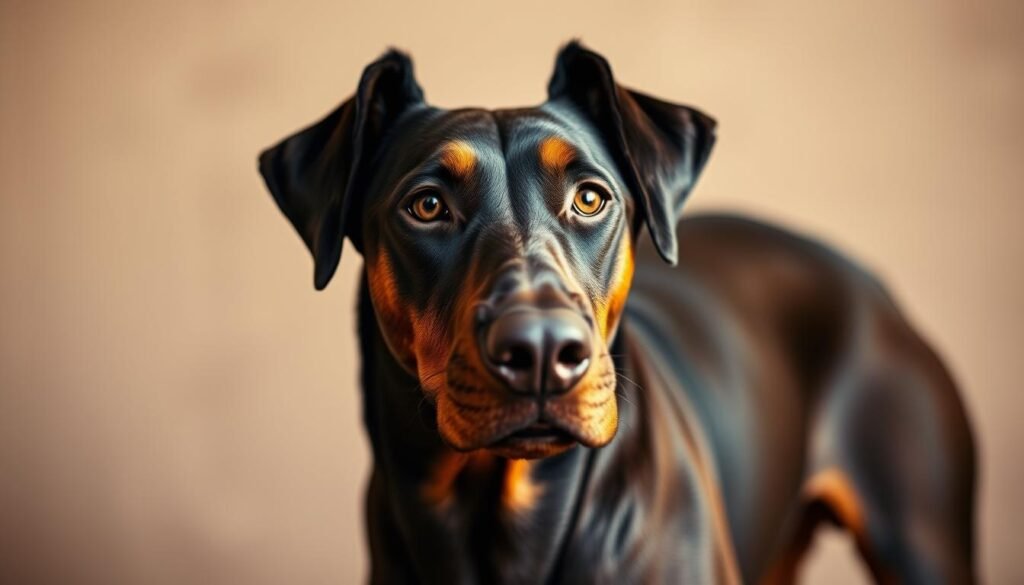 A majestic Doberman Pinscher mix stands tall, its powerful muscles rippling beneath a sleek, dark coat. The dog's intelligent gaze conveys a mix of strength and alertness, hinting at the health concerns that may arise from this hybrid breed. In the foreground, the dog's head is sharply in focus, with warm lighting illuminating its defined features. The background is softly blurred, placing the viewer's attention squarely on the dog's captivating presence. The overall mood is one of subtle concern, a reflection of the potential health issues that may come with this cross-breed. The image is captured with a shallow depth of field, using a wide aperture lens to create a sense of intimacy and focus. A majestic Doberman Pinscher mix stands tall, its powerful muscles rippling beneath a sleek, dark coat. The dog's intelligent gaze conveys a mix of strength and alertness, hinting at the health concerns that may arise from this hybrid breed. In the foreground, the dog's head is sharply in focus, with warm lighting illuminating its defined features. The background is softly blurred, placing the viewer's attention squarely on the dog's captivating presence. The overall mood is one of subtle concern, a reflection of the potential health issues that may come with this cross-breed. The image is captured with a shallow depth of field, using a wide aperture lens to create a sense of intimacy and focus.