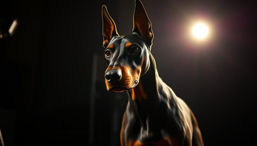 A majestic Doberman Pinscher stands in the spotlight, its sleek, muscular frame commanding attention on the movie set. The dog's piercing gaze is intense, reflecting the gravitas of its role. Dramatic lighting casts long shadows, heightening the sense of tension and drama. The Doberman is framed against a dimly lit, atmospheric backdrop, hinting at the cinematic narrative unfolding. The camera angle is slightly low, giving the viewer a sense of the Doberman's power and dominance. The overall mood is one of cinematic grandeur, showcasing the Doberman's versatility and adaptability in popular culture. A majestic Doberman Pinscher stands in the spotlight, its sleek, muscular frame commanding attention on the movie set. The dog's piercing gaze is intense, reflecting the gravitas of its role. Dramatic lighting casts long shadows, heightening the sense of tension and drama. The Doberman is framed against a dimly lit, atmospheric backdrop, hinting at the cinematic narrative unfolding. The camera angle is slightly low, giving the viewer a sense of the Doberman's power and dominance. The overall mood is one of cinematic grandeur, showcasing the Doberman's versatility and adaptability in popular culture.