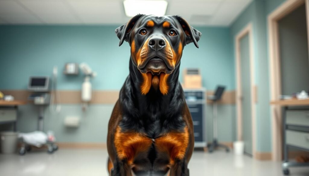 A majestic Doberman Rottweiler mix standing in a well-lit veterinary clinic, its muscular frame and attentive gaze conveying a sense of strength and resilience. The dog's coat is a rich blend of the Doberman's sleek black and tan hues and the Rottweiler's distinctive markings, creating a unique and striking appearance. In the background, subtle medical equipment and a soothing color palette suggest the importance of considering this breed's unique health needs, from joint concerns to cardiovascular considerations. The image projects an air of dignity and responsibility, inviting the viewer to learn more about the considerations required to properly care for this captivating canine hybrid. A majestic Doberman Rottweiler mix standing in a well-lit veterinary clinic, its muscular frame and attentive gaze conveying a sense of strength and resilience. The dog's coat is a rich blend of the Doberman's sleek black and tan hues and the Rottweiler's distinctive markings, creating a unique and striking appearance. In the background, subtle medical equipment and a soothing color palette suggest the importance of considering this breed's unique health needs, from joint concerns to cardiovascular considerations. The image projects an air of dignity and responsibility, inviting the viewer to learn more about the considerations required to properly care for this captivating canine hybrid.