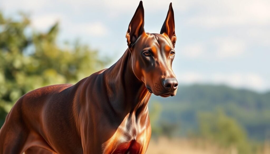 A majestic Doberman in a warm, earthy brown hue stands tall and proud, its muscular frame casting a powerful silhouette. Sunlight dances across its sleek, well-groomed coat, highlighting the subtle highlights and shadows that accentuate the dog's elegant features. The Doberman's intense gaze, framed by alert ears, conveys a sense of intelligence and alertness. In the background, a tranquil outdoor setting with lush greenery and a softly blurred sky creates a serene, natural atmosphere, allowing the dog's striking appearance to take center stage. This stunning brown Doberman exudes a regal presence, captivating the viewer with its exceptional beauty and commanding presence. A majestic Doberman in a warm, earthy brown hue stands tall and proud, its muscular frame casting a powerful silhouette. Sunlight dances across its sleek, well-groomed coat, highlighting the subtle highlights and shadows that accentuate the dog's elegant features. The Doberman's intense gaze, framed by alert ears, conveys a sense of intelligence and alertness. In the background, a tranquil outdoor setting with lush greenery and a softly blurred sky creates a serene, natural atmosphere, allowing the dog's striking appearance to take center stage. This stunning brown Doberman exudes a regal presence, captivating the viewer with its exceptional beauty and commanding presence.