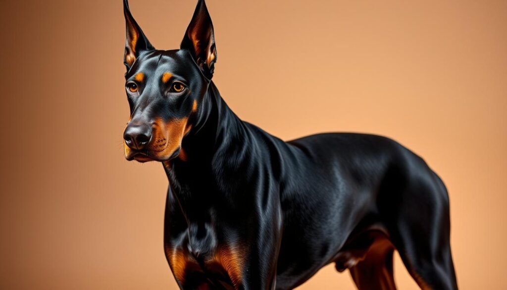 A majestic Doberman stands proud, its sleek and muscular frame accentuated by a gleaming, ebony coat. The dog's intense gaze reflects its renowned intelligence and loyalty, complemented by a confident, alert posture. Soft, ambient lighting illuminates the scene, casting gentle shadows and highlighting the breed's distinctive facial features. In the background, a warm, neutral-toned setting provides a subtle backdrop, allowing the Doberman's regal presence to take center stage. This image encapsulates the Doberman's temperament - a harmonious blend of strength, alertness, and unwavering devotion, all expressed through its striking appearance. A majestic Doberman stands proud, its sleek and muscular frame accentuated by a gleaming, ebony coat. The dog's intense gaze reflects its renowned intelligence and loyalty, complemented by a confident, alert posture. Soft, ambient lighting illuminates the scene, casting gentle shadows and highlighting the breed's distinctive facial features. In the background, a warm, neutral-toned setting provides a subtle backdrop, allowing the Doberman's regal presence to take center stage. This image encapsulates the Doberman's temperament - a harmonious blend of strength, alertness, and unwavering devotion, all expressed through its striking appearance.