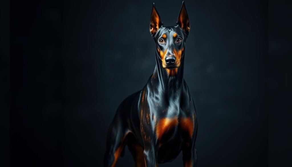 A majestic Doberman with a striking coat in rare shades, standing proud against a backdrop of moody, atmospheric shadows. The dog's muscular frame is illuminated by dramatic side lighting, accentuating the unique patterns of its fur - perhaps a rich blue or copper tone, or a captivating brindle. The Doberman's intense gaze commands attention, reflecting the breed's intelligence and loyalty. The scene is set in a dimly lit, textured environment, hinting at the dog's versatility and adaptability. This powerful portrait celebrates the remarkable diversity within the Doberman breed, showcasing its lesser-known but equally stunning color variations. A majestic Doberman with a striking coat in rare shades, standing proud against a backdrop of moody, atmospheric shadows. The dog's muscular frame is illuminated by dramatic side lighting, accentuating the unique patterns of its fur - perhaps a rich blue or copper tone, or a captivating brindle. The Doberman's intense gaze commands attention, reflecting the breed's intelligence and loyalty. The scene is set in a dimly lit, textured environment, hinting at the dog's versatility and adaptability. This powerful portrait celebrates the remarkable diversity within the Doberman breed, showcasing its lesser-known but equally stunning color variations.