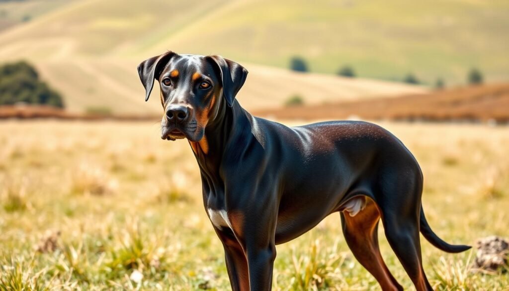 A majestic Great Dane Doberman Pinscher mix stands proudly in a sun-dappled field, its muscular frame and alert gaze exuding a mix of strength and elegance. The hybrid's short, glossy coat shimmers in the warm light, hinting at the breed's versatile temperament - part loyal guardian, part energetic companion. In the background, a rolling countryside backdrop provides a serene, natural setting, emphasizing the breed's adaptability and connection to the great outdoors. Captured through a medium-wide angle lens, the image conveys the unique blend of physical attributes and behavioral characteristics that define this distinctive hybrid canine. A majestic Great Dane Doberman Pinscher mix stands proudly in a sun-dappled field, its muscular frame and alert gaze exuding a mix of strength and elegance. The hybrid's short, glossy coat shimmers in the warm light, hinting at the breed's versatile temperament - part loyal guardian, part energetic companion. In the background, a rolling countryside backdrop provides a serene, natural setting, emphasizing the breed's adaptability and connection to the great outdoors. Captured through a medium-wide angle lens, the image conveys the unique blend of physical attributes and behavioral characteristics that define this distinctive hybrid canine.
