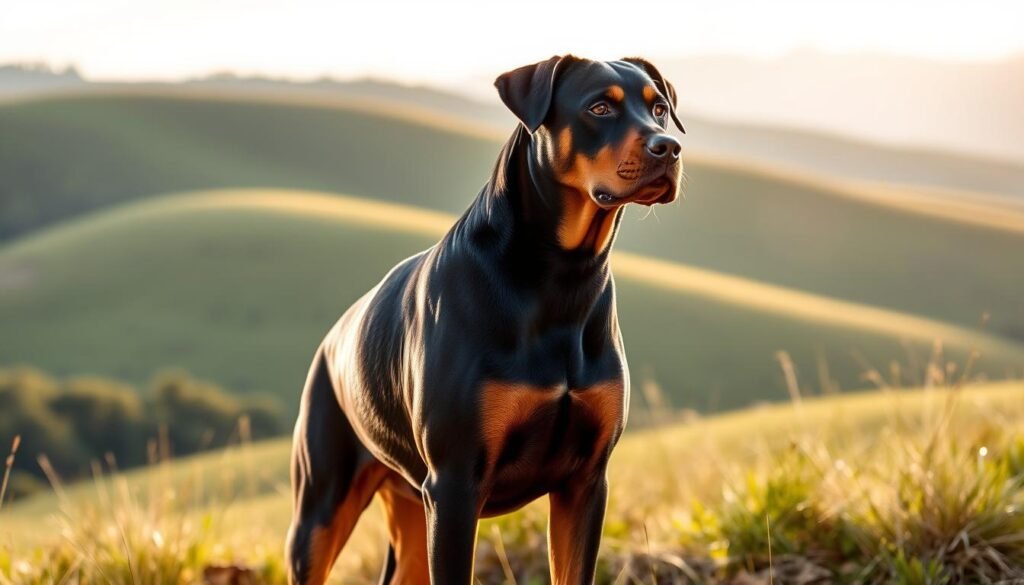 A majestic Rottweiler Doberman mix stands proudly in a warm, sun-dappled setting. Its muscular frame is highlighted by a sleek, glossy coat in a mix of black and tan hues. The dog's alert gaze and attentive posture convey a sense of intelligence and vigilance. In the background, a lush, verdant landscape with gentle hills and a tranquil sky creates a serene, pastoral atmosphere. The lighting is soft and natural, casting subtle shadows that accentuate the dog's well-defined features. The composition is balanced, with the Rottweiler Doberman mix occupying the central focus, surrounded by the harmonious natural elements. A majestic Rottweiler Doberman mix stands proudly in a warm, sun-dappled setting. Its muscular frame is highlighted by a sleek, glossy coat in a mix of black and tan hues. The dog's alert gaze and attentive posture convey a sense of intelligence and vigilance. In the background, a lush, verdant landscape with gentle hills and a tranquil sky creates a serene, pastoral atmosphere. The lighting is soft and natural, casting subtle shadows that accentuate the dog's well-defined features. The composition is balanced, with the Rottweiler Doberman mix occupying the central focus, surrounded by the harmonious natural elements.