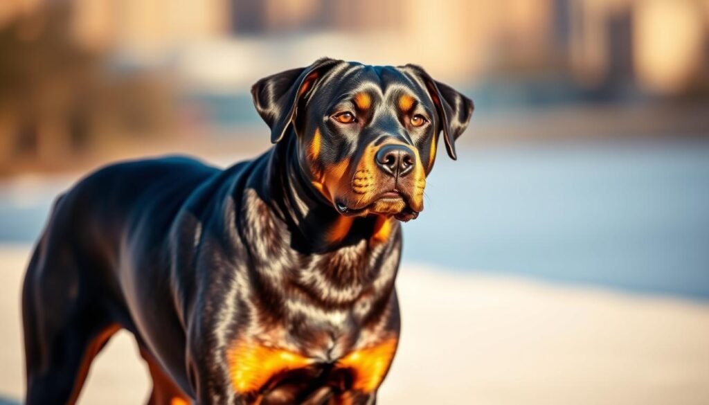 A majestic Rottweiler Doberman mix stands tall and proud, its muscular frame and alert gaze radiating power and confidence. The dog's short, sleek coat shimmers in the warm, natural lighting, creating dynamic shadows that accentuate its defined features. The animal's expression is one of unwavering loyalty, its eyes filled with a keen intelligence that belies its formidable strength. The background is softly blurred, allowing the viewer to focus solely on the captivating subject, a testament to the unique temperament of this impressive canine hybrid. A majestic Rottweiler Doberman mix stands tall and proud, its muscular frame and alert gaze radiating power and confidence. The dog's short, sleek coat shimmers in the warm, natural lighting, creating dynamic shadows that accentuate its defined features. The animal's expression is one of unwavering loyalty, its eyes filled with a keen intelligence that belies its formidable strength. The background is softly blurred, allowing the viewer to focus solely on the captivating subject, a testament to the unique temperament of this impressive canine hybrid.