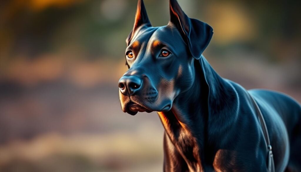 A majestic black Doberman, its piercing gaze radiating intelligence and unwavering loyalty. The dog stands tall and confident, its muscular frame and sleek coat conveying a sense of power and agility. The lighting is soft and warm, illuminating the dog's features and casting dramatic shadows that accentuate its regal presence. The background is a blurred, natural setting, allowing the Doberman to be the focal point, capturing the essence of its temperament - alert, protective, and fiercely devoted to its pack. The image evokes a sense of strength, intelligence, and the unwavering bond between a Doberman and its human companion. A majestic black Doberman, its piercing gaze radiating intelligence and unwavering loyalty. The dog stands tall and confident, its muscular frame and sleek coat conveying a sense of power and agility. The lighting is soft and warm, illuminating the dog's features and casting dramatic shadows that accentuate its regal presence. The background is a blurred, natural setting, allowing the Doberman to be the focal point, capturing the essence of its temperament - alert, protective, and fiercely devoted to its pack. The image evokes a sense of strength, intelligence, and the unwavering bond between a Doberman and its human companion.