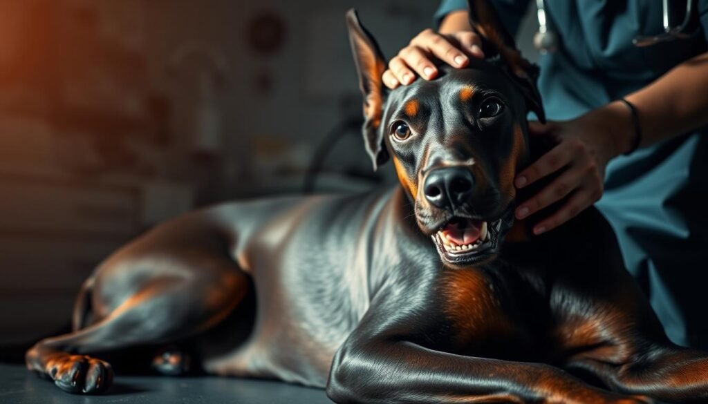 A majestic black Doberman lies amid a serene, dimly lit veterinary clinic. Its muscular frame shows signs of distress, highlighted by soft, warm lighting that casts gentle shadows. The dog's pensive gaze radiates a mixture of discomfort and trust as a veterinarian examines it, their hands delicately tracing the animal's sleek coat in search of any abnormalities. In the background, medical equipment and supplies suggest a professional, caring environment dedicated to the Doberman's well-being. The overall scene evokes a sense of quiet contemplation, underscoring the need to understand and address the unique health considerations of this captivating breed. A majestic black Doberman lies amid a serene, dimly lit veterinary clinic. Its muscular frame shows signs of distress, highlighted by soft, warm lighting that casts gentle shadows. The dog's pensive gaze radiates a mixture of discomfort and trust as a veterinarian examines it, their hands delicately tracing the animal's sleek coat in search of any abnormalities. In the background, medical equipment and supplies suggest a professional, caring environment dedicated to the Doberman's well-being. The overall scene evokes a sense of quiet contemplation, underscoring the need to understand and address the unique health considerations of this captivating breed.