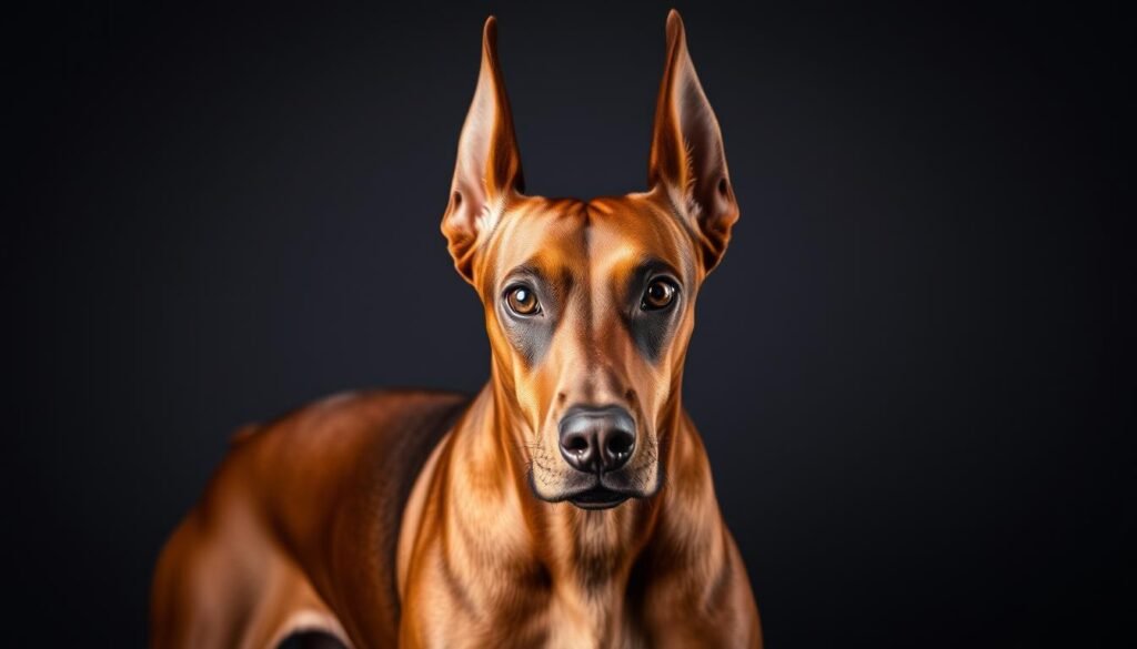 A majestic brown Doberman stands tall, its muscular frame and alert gaze commanding attention. The warm, earthy tones of its coat gleam under soft, diffused lighting, accentuating the breed's regal presence. In the middle ground, the Doberman's keen, intelligent eyes convey a mix of loyalty, courage, and a hint of playful mischief. The background is subdued, allowing the dog's powerful yet graceful form to take center stage. The overall mood is one of confidence, strength, and a deep, unwavering bond between the Doberman and its human companion.
