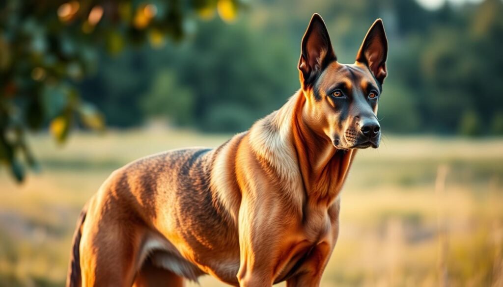 A majestic mix of German Shepherd and Doberman, standing tall and proud in a softly lit, natural setting. Its muscular frame and alert, piercing gaze command attention, while its sleek, sable coat glistens in the warm, golden light. The mix breed's expression is one of watchful intelligence, hinting at the loyal and protective nature of its parent breeds. The background is a serene, verdant landscape, with blurred foliage framing the subject, creating a sense of depth and balance. This image captures the essence of the German Shepherd Doberman mix - a powerful, versatile companion that defies simplistic stereotypes.