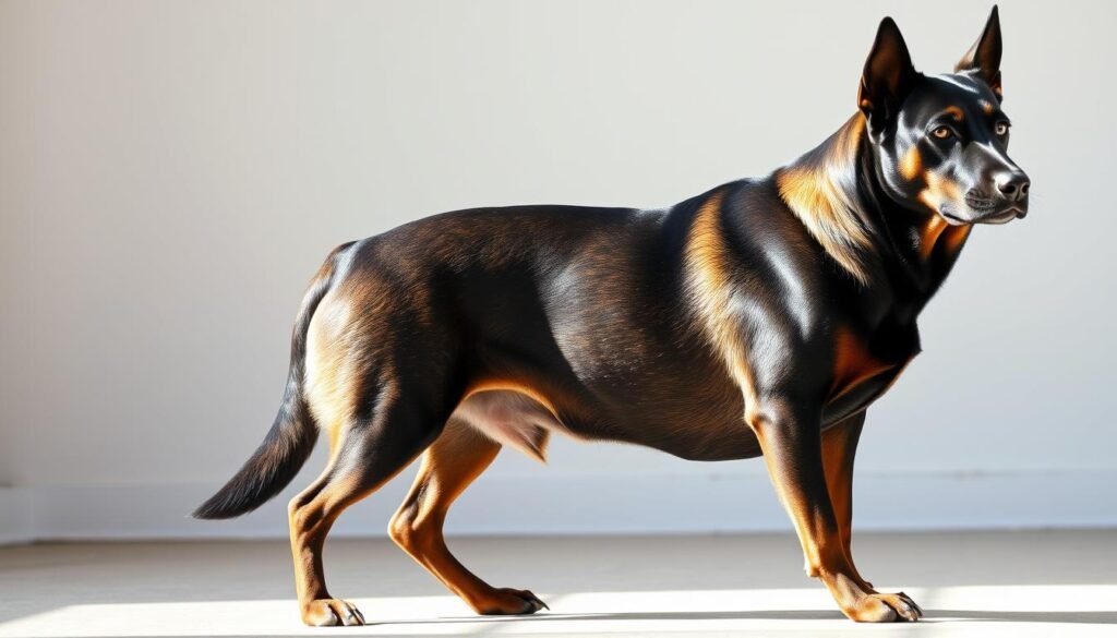 A medium-sized dog with a muscular yet sleek build, standing alert and attentive, its gaze a captivating mix of intelligence and vigilance. The coat is a striking combination of the German Shepherd's signature sable hues and the Doberman's deep, rich black, creating a unique and visually striking appearance. The dog's posture exudes an aura of confidence and protectiveness, its keen eyes scanning the environment for potential threats or cues. Soft, natural lighting illuminates the scene, casting subtle shadows that accentuate the dog's defined features and athletic physique. The background is a simple, uncluttered setting, allowing the focus to remain solely on the captivating subject and its intriguing temperament.