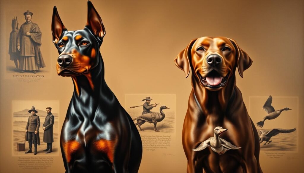A meticulously detailed oil painting depicting the historical origins of the Doberman Pinscher and Labrador Retriever breeds. In the foreground, a majestic Doberman and a friendly Labrador stand side-by-side, their proud postures and attentive expressions capturing the essence of their respective lineages. In the middle ground, vignettes illustrate the development of these breeds - a Doberman guarding a nobleman, a Labrador retrieving waterfowl for a hunter. The background showcases elegant, high-contrast lighting that casts a warm, sepia-toned ambiance, evoking a sense of timelessness. The overall composition conveys the rich history and complementary traits that have made the Doberman Pinscher and Labrador Retriever such beloved and iconic dog breeds. A meticulously detailed oil painting depicting the historical origins of the Doberman Pinscher and Labrador Retriever breeds. In the foreground, a majestic Doberman and a friendly Labrador stand side-by-side, their proud postures and attentive expressions capturing the essence of their respective lineages. In the middle ground, vignettes illustrate the development of these breeds - a Doberman guarding a nobleman, a Labrador retrieving waterfowl for a hunter. The background showcases elegant, high-contrast lighting that casts a warm, sepia-toned ambiance, evoking a sense of timelessness. The overall composition conveys the rich history and complementary traits that have made the Doberman Pinscher and Labrador Retriever such beloved and iconic dog breeds.
