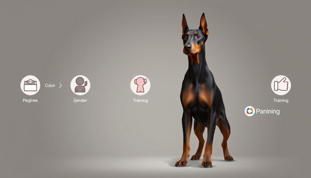 A modern, minimalist-style illustration depicting the key factors that influence Doberman prices. In the foreground, a Doberman puppy stands proudly, its muscular physique and alert gaze commanding attention. In the middle ground, visual icons representing factors such as pedigree, color, gender, and training float weightlessly, each element cleanly separated and balanced. The background features a muted, textured gradient, allowing the focal points to shine. The overall composition is clean, sleek, and high-contrast, with careful use of lighting to create depth and emphasize the subject. The mood is one of professionalism and expertise, conveying the critical information a potential Doberman owner needs to consider.