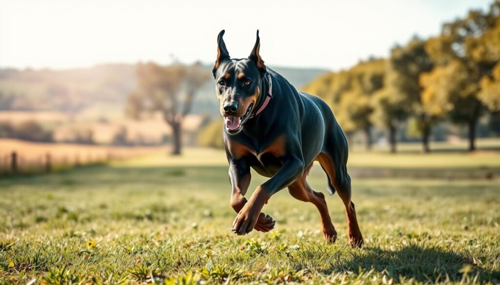 A muscular Alsatian Doberman cross dog in the foreground, its powerful body in motion as it runs across a grassy field. The middle ground features a tree-lined path, and the background showcases a lush, rolling landscape under a bright, sun-dappled sky. The dog's intense gaze and taut muscles convey its endurance and athleticism, exemplifying the exercise requirements for this hybrid breed. The scene is captured with a wide-angle lens, accentuating the dog's dynamic movement and the expansive, serene environment. The overall mood is one of energy, vitality, and the joy of an active outdoor lifestyle. A muscular Alsatian Doberman cross dog in the foreground, its powerful body in motion as it runs across a grassy field. The middle ground features a tree-lined path, and the background showcases a lush, rolling landscape under a bright, sun-dappled sky. The dog's intense gaze and taut muscles convey its endurance and athleticism, exemplifying the exercise requirements for this hybrid breed. The scene is captured with a wide-angle lens, accentuating the dog's dynamic movement and the expansive, serene environment. The overall mood is one of energy, vitality, and the joy of an active outdoor lifestyle.