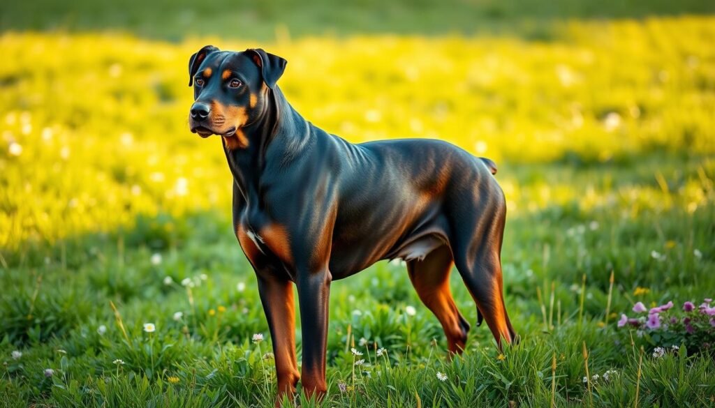 A muscular Rottie Cross Doberman standing proud, its powerful frame and alert gaze commanding attention. The dog's short, sleek coat gleams in the warm, golden light of a sun-dappled meadow. Vibrant green grass and wildflowers carpet the ground, creating a lush, natural backdrop. The Rottie Cross Doberman's alert, intelligent expression reflects its dual heritage, a harmonious blend of Rottweiler and Doberman traits. Captured in a dynamic, three-quarter angle, the image showcases the breed's impressive physicality and unwavering loyalty, hinting at the many benefits of owning this remarkable crossbreed.
