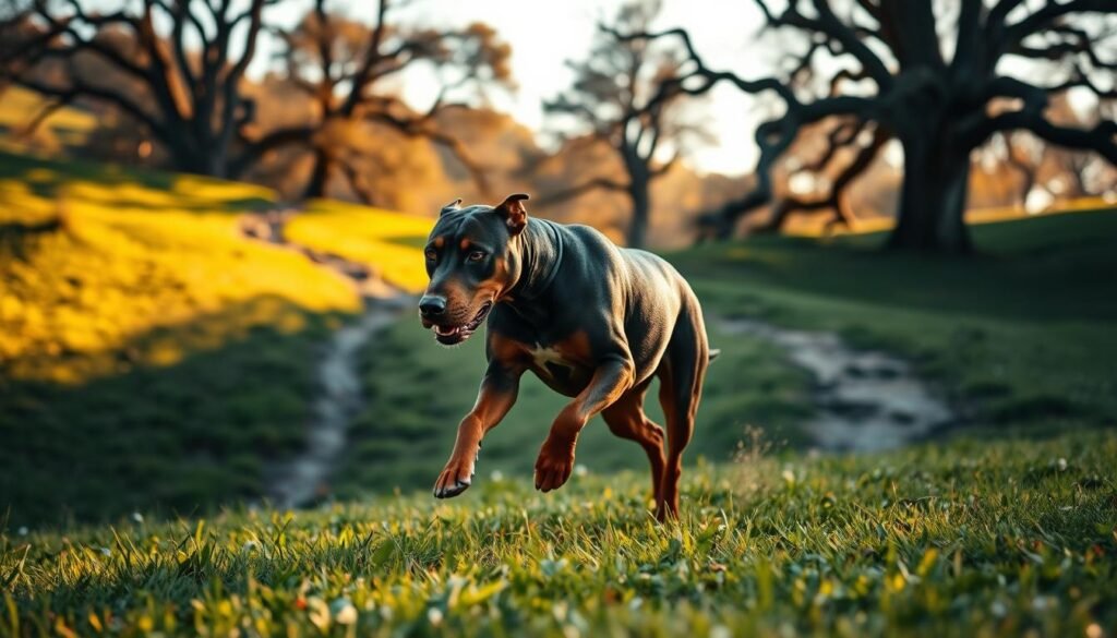 A muscular, alert Doberman Pitbull mix dog sprinting across a lush, verdant field, its powerful legs propelling it forward with effortless grace. The sun casts a warm, golden glow over the scene, illuminating the dog's sleek, glossy coat and intense, focused gaze. In the middle ground, a rugged hiking trail winds through the rolling hills, suggesting the dog's endurance and endurance. The background is filled with towering oak trees, their branches swaying gently in the light breeze, creating a sense of tranquility and natural harmony. The overall composition conveys the breed's boundless energy, athleticism, and need for regular, vigorous exercise.