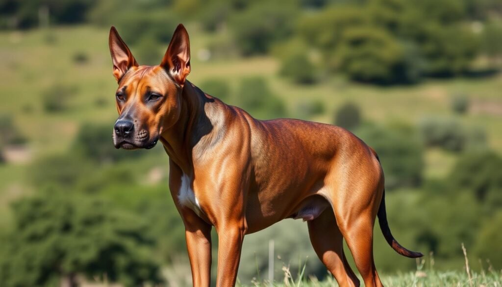 A muscular, athletic Doberman Pitbull mix standing in a well-lit, natural setting. Its strong, stocky frame is covered in a short, sleek coat with the distinct markings of the Doberman - deep chestnut tan with black accents. Pointy ears perk up, alert eyes scanning the surroundings. Powerful jaws slightly parted, revealing sharp teeth. Thick, muscular neck and broad chest hint at the mix's impressive strength. The dog's stance is confident, poised, radiating an aura of intelligence and protectiveness. The background is a lush, verdant landscape with scattered trees, hinting at the mix's active, outdoor-loving nature.