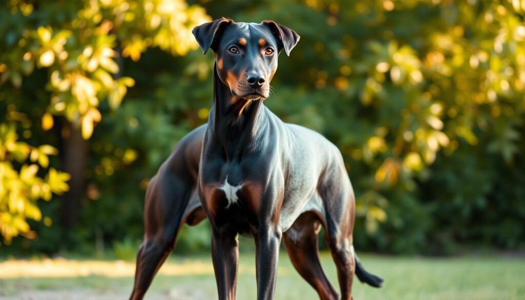 A muscular, sleek Doberman Pinscher-Labrador Retriever mix stands in a well-lit, natural setting. Its powerful, athletic frame is highlighted by a smooth, glossy coat that blends the distinct features of both parent breeds. The dog's expressive eyes and alert, intelligent posture convey a confident, loyal demeanor. Warm, golden light filters through the surrounding lush foliage, casting gentle shadows that accentuate the animal's sculpted physique. The camera captures the hybrid's harmonious balance of strength, agility, and gentle companionship, embodying the physical attributes of this versatile, affectionate crossbreed.