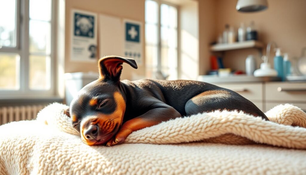 A newborn Doberman puppy resting peacefully on a soft, plush blanket in a bright, airy room. The pup's sleek, glossy coat and alert, curious expression are illuminated by warm, natural lighting filtering through large windows. In the background, medical supplies and instruments are neatly arranged on a clean, stainless steel counter, conveying a sense of attentive healthcare. The scene evokes a calming, nurturing atmosphere, highlighting the importance of proper veterinary care and wellness checks for this intelligent, active breed during its crucial early development stages. A newborn Doberman puppy resting peacefully on a soft, plush blanket in a bright, airy room. The pup's sleek, glossy coat and alert, curious expression are illuminated by warm, natural lighting filtering through large windows. In the background, medical supplies and instruments are neatly arranged on a clean, stainless steel counter, conveying a sense of attentive healthcare. The scene evokes a calming, nurturing atmosphere, highlighting the importance of proper veterinary care and wellness checks for this intelligent, active breed during its crucial early development stages.