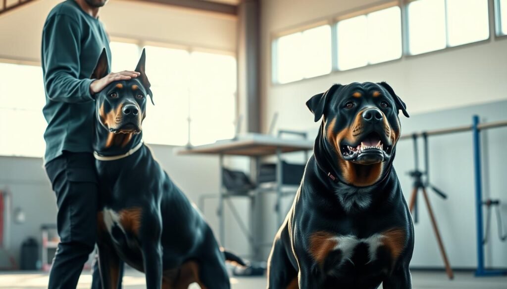 A pair of muscular canines, a Doberman and a Rottweiler, stand side by side in a spacious, well-lit training arena. Their attentive eyes lock onto their handler, who gestures with calm authority. The dogs' powerful frames are poised, muscles rippling, as they await the next command. Sunlight streams in through large windows, casting a warm glow over the scene. The atmosphere is one of discipline, focus, and the bond between human and animal. In the background, various training equipment is neatly arranged, hinting at the diligent preparation that goes into shaping these extraordinary companions. A pair of muscular canines, a Doberman and a Rottweiler, stand side by side in a spacious, well-lit training arena. Their attentive eyes lock onto their handler, who gestures with calm authority. The dogs' powerful frames are poised, muscles rippling, as they await the next command. Sunlight streams in through large windows, casting a warm glow over the scene. The atmosphere is one of discipline, focus, and the bond between human and animal. In the background, various training equipment is neatly arranged, hinting at the diligent preparation that goes into shaping these extraordinary companions.
