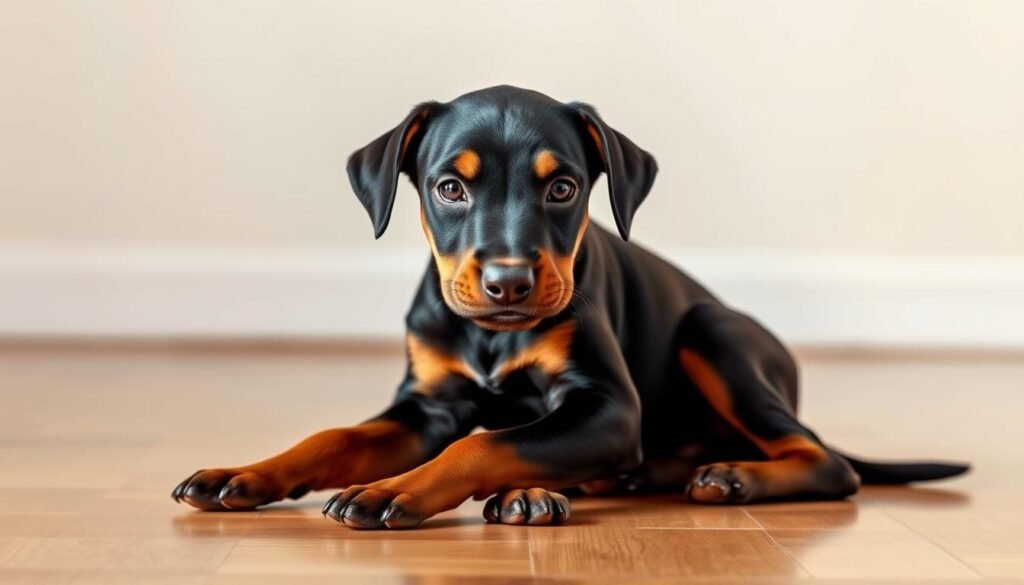 A photorealistic, high-resolution image of a doberman puppy sitting on a hardwood floor, against a plain, soft-focus background. The puppy has a sleek, shiny black coat with distinct tan markings, and is looking directly at the camera with an alert, curious expression. The lighting is natural, with warm, diffused illumination highlighting the puppy's features. The composition places the puppy in the center of the frame, allowing ample negative space around it. The image conveys a sense of cuteness, playfulness, and the overall appeal of a doberman puppy, suitable for illustrating the average cost of owning one.