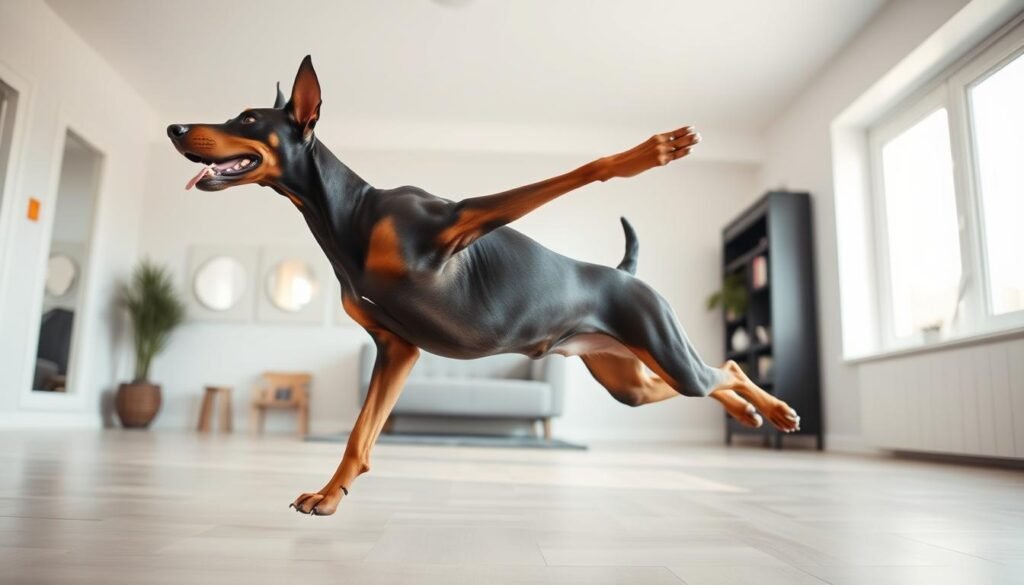 A playful Ben Doberman energetically performing a series of dynamic exercises in a well-lit, spacious home gym. The muscular canine enthusiastically stretches and leaps, its powerful limbs and alert expression conveying its inherent drive for physical activity. The room's bright, airy atmosphere and clean, minimal decor create an inviting, motivational setting that complements the dog's vigorous movements. Subtle camera angles and natural lighting highlight the Doberman's athletic prowess and healthy, vibrant physique, emphasizing the breed's exercise needs and overall energetic nature. A playful Ben Doberman energetically performing a series of dynamic exercises in a well-lit, spacious home gym. The muscular canine enthusiastically stretches and leaps, its powerful limbs and alert expression conveying its inherent drive for physical activity. The room's bright, airy atmosphere and clean, minimal decor create an inviting, motivational setting that complements the dog's vigorous movements. Subtle camera angles and natural lighting highlight the Doberman's athletic prowess and healthy, vibrant physique, emphasizing the breed's exercise needs and overall energetic nature.