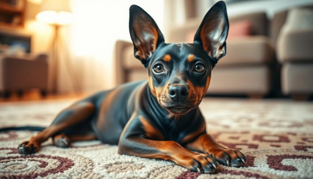 A playful Doberman Chihuahua mix lounges on a plush, patterned rug, its alert ears and piercing gaze conveying a blend of watchfulness and mischief. Soft, warm lighting illuminates its sleek, muscular frame and expressive face, capturing the dynamic temperament of this unique canine crossbreed. The background fades into a cozy, inviting living room, suggesting the comfortable domestic setting that this spirited companion thrives in. Captured with a shallow depth of field, the image emphasizes the mix's captivating presence and the inherent duality of its personality - part Doberman's guarded intensity, part Chihuahua's boundless energy and charm.