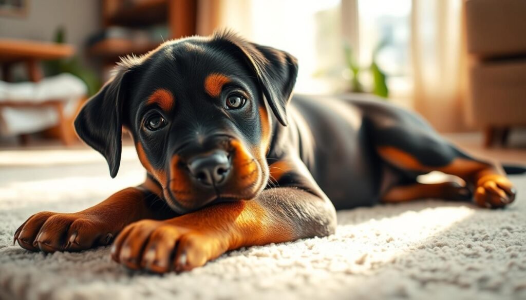 A playful Rottweiler-Doberman mix puppy lounging in a cozy home environment, bathed in warm, natural lighting. The puppy's alert expression and muscular build suggest a blend of the breeds' distinctive features. The scene is set against a softly blurred, inviting background, perhaps a plush rug or gentle greens, conveying a sense of comfort and care. The angle is slightly elevated, creating an endearing, approachable perspective. The overall mood is one of tranquility and affection, capturing the essence of raising this unique canine companion. A playful Rottweiler-Doberman mix puppy lounging in a cozy home environment, bathed in warm, natural lighting. The puppy's alert expression and muscular build suggest a blend of the breeds' distinctive features. The scene is set against a softly blurred, inviting background, perhaps a plush rug or gentle greens, conveying a sense of comfort and care. The angle is slightly elevated, creating an endearing, approachable perspective. The overall mood is one of tranquility and affection, capturing the essence of raising this unique canine companion.