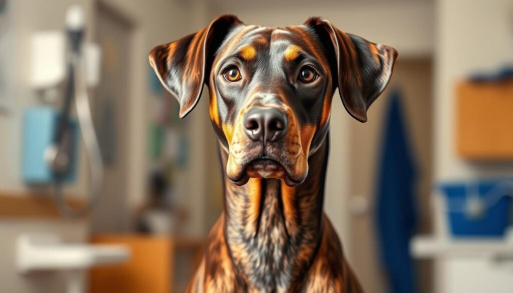 A portrait of a Great Dane Doberman Pinscher mix dog, standing alert and focused, against a blurred background of a veterinary clinic. The dog's distinctive features - its large, muscular frame, broad chest, and floppy ears - are captured in sharp detail, conveying the breed's unique hybrid characteristics. Soft, warm lighting illuminates the dog's expressive eyes and highlights the texture of its short, sleek coat. The overall mood is one of attentiveness and concern, hinting at the potential health challenges associated with this hybrid breed. A portrait of a Great Dane Doberman Pinscher mix dog, standing alert and focused, against a blurred background of a veterinary clinic. The dog's distinctive features - its large, muscular frame, broad chest, and floppy ears - are captured in sharp detail, conveying the breed's unique hybrid characteristics. Soft, warm lighting illuminates the dog's expressive eyes and highlights the texture of its short, sleek coat. The overall mood is one of attentiveness and concern, hinting at the potential health challenges associated with this hybrid breed.