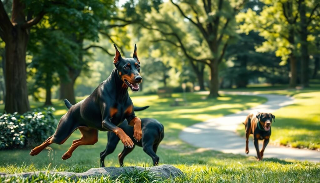 A powerful Doberman Pinscher dashing through a lush, verdant park, its sleek, muscular frame effortlessly navigating the terrain. Sunlight filters through the canopy, casting a warm glow on the dog's gleaming coat as it bounds over obstacles with grace and agility. In the middle ground, a Rottweiler trots alongside, its companion in this energetic exercise routine. The background is filled with towering trees and a winding path, conveying a sense of openness and freedom. The scene radiates an atmosphere of vigor, strength, and the bond between these two powerful breeds as they engage in their daily workout. A powerful Doberman Pinscher dashing through a lush, verdant park, its sleek, muscular frame effortlessly navigating the terrain. Sunlight filters through the canopy, casting a warm glow on the dog's gleaming coat as it bounds over obstacles with grace and agility. In the middle ground, a Rottweiler trots alongside, its companion in this energetic exercise routine. The background is filled with towering trees and a winding path, conveying a sense of openness and freedom. The scene radiates an atmosphere of vigor, strength, and the bond between these two powerful breeds as they engage in their daily workout.