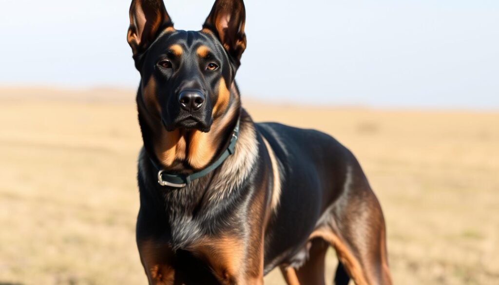 A powerful and alert Doberman-German Shepherd mix stands in a well-lit, open field, its muscular frame and piercing gaze commanding attention. The dog's coat is a rich blend of the Doberman's sleek black and tan fur and the German Shepherd's distinctive markings, exuding an aura of strength and intelligence. The animal's head is held high, ears alert, as it surveys its surroundings with a keen, discerning expression, radiating an air of both protectiveness and approachability. The image captures the essence of this versatile breed's temperament - a loyal, confident, and highly trainable companion, well-suited for a variety of roles, from devoted family pet to capable working dog. A powerful and alert Doberman-German Shepherd mix stands in a well-lit, open field, its muscular frame and piercing gaze commanding attention. The dog's coat is a rich blend of the Doberman's sleek black and tan fur and the German Shepherd's distinctive markings, exuding an aura of strength and intelligence. The animal's head is held high, ears alert, as it surveys its surroundings with a keen, discerning expression, radiating an air of both protectiveness and approachability. The image captures the essence of this versatile breed's temperament - a loyal, confident, and highly trainable companion, well-suited for a variety of roles, from devoted family pet to capable working dog.