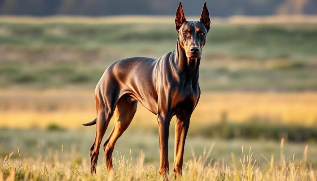 A regal Great Dane Doberman Pinscher mix standing tall in a sunlit meadow, its muscular physique and sleek coat a harmonious blend of its parent breeds. Piercing eyes gaze intently, radiating strength and intelligence. Pointed ears stand alert, complemented by a long, tapered muzzle. The dog's powerful haunches and graceful movements convey an imposing presence, while the elegant contours of its body suggest agility and speed. Soft, warm lighting casts a gentle glow, accentuating the breed's distinctive features and creating an atmosphere of dignity and poise. A regal Great Dane Doberman Pinscher mix standing tall in a sunlit meadow, its muscular physique and sleek coat a harmonious blend of its parent breeds. Piercing eyes gaze intently, radiating strength and intelligence. Pointed ears stand alert, complemented by a long, tapered muzzle. The dog's powerful haunches and graceful movements convey an imposing presence, while the elegant contours of its body suggest agility and speed. Soft, warm lighting casts a gentle glow, accentuating the breed's distinctive features and creating an atmosphere of dignity and poise.