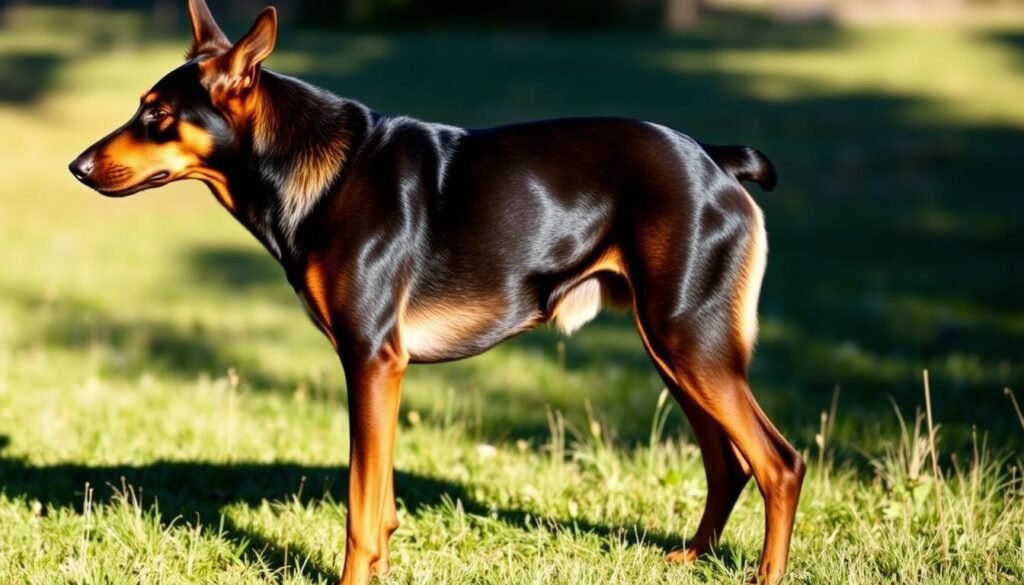 A rugged, muscular Shepherd Doberman mix stands in a sunlit meadow, its alert gaze scanning the horizon. The dog's thick, double-layered coat features a distinctive black and tan pattern, with a strong, wedge-shaped head and erect, pointed ears. Its well-proportioned body is built for speed and agility, with a deep chest, powerful hindquarters, and sturdy, slightly arched legs. Shadows play across the dog's form, highlighting the interplay of light and dark in its sleek, shiny fur. The overall impression is one of strength, intelligence, and vigilance, capturing the unique physical characteristics of this hybrid breed.