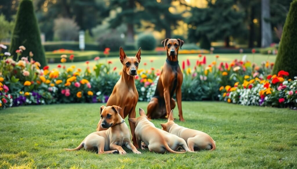A serene fawn Doberman Pinscher family nestled in a lush, verdant garden. In the foreground, three Doberman puppies playfully tumble, their fawn coats shimmering in the soft, warm light. The mother Doberman stands watch, her regal stance and alert gaze conveying a protective, nurturing presence. In the middle ground, the father Doberman sits calmly, his muscular frame and elegant features radiating confidence. The background features a beautifully manicured lawn, surrounded by a profusion of vibrant flowers and towering trees, creating a tranquil, idyllic setting that captures the essence of the fawn Doberman Pinscher breed and their familial bond.
