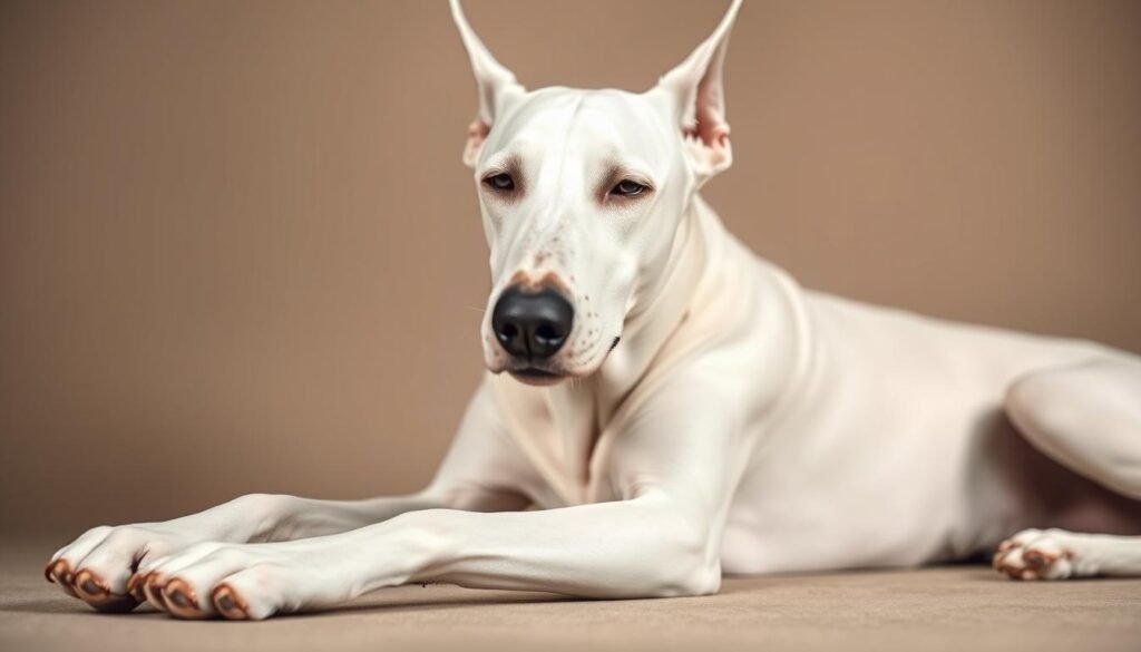 A sleek and graceful white Doberman Pinscher lies resting, its eyes half-closed, exuding an air of calm. The background is a softly blurred, muted palette, allowing the dog's striking features to take center stage. The lighting is gentle, casting subtle shadows that accentuate the animal's well-defined musculature and elegant lines. The camera's angle is slightly elevated, creating a sense of dignity and composure. In the foreground, the dog's paws are visible, showcasing its strong, healthy build. This image captures the essence of the white Doberman's inherent beauty and the need to be mindful of any potential health concerns that may arise, as highlighted in the article's "Health Considerations for White Dobermans" section. A sleek and graceful white Doberman Pinscher lies resting, its eyes half-closed, exuding an air of calm. The background is a softly blurred, muted palette, allowing the dog's striking features to take center stage. The lighting is gentle, casting subtle shadows that accentuate the animal's well-defined musculature and elegant lines. The camera's angle is slightly elevated, creating a sense of dignity and composure. In the foreground, the dog's paws are visible, showcasing its strong, healthy build. This image captures the essence of the white Doberman's inherent beauty and the need to be mindful of any potential health concerns that may arise, as highlighted in the article's "Health Considerations for White Dobermans" section.
