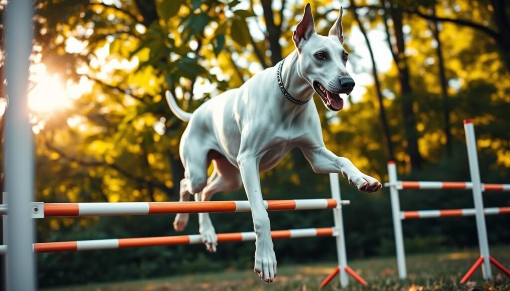 A sleek and muscular white Doberman Pinscher gracefully navigates an outdoor exercise course, its paws effortlessly bounding over hurdles and weaving through agility poles. The dog's powerful physique is accentuated by the warm, golden sunlight that filters through the verdant foliage surrounding the scene. The Doberman's alert gaze and focused expression convey its dedication to the task at hand, capturing the breed's inherent drive and intelligence. The image is captured from a low angle, emphasizing the dog's imposing stature and the dynamic nature of its workout routine. The overall atmosphere is one of energy, dynamism, and the perfect harmony between a Doberman's athletic prowess and its natural environment. A sleek and muscular white Doberman Pinscher gracefully navigates an outdoor exercise course, its paws effortlessly bounding over hurdles and weaving through agility poles. The dog's powerful physique is accentuated by the warm, golden sunlight that filters through the verdant foliage surrounding the scene. The Doberman's alert gaze and focused expression convey its dedication to the task at hand, capturing the breed's inherent drive and intelligence. The image is captured from a low angle, emphasizing the dog's imposing stature and the dynamic nature of its workout routine. The overall atmosphere is one of energy, dynamism, and the perfect harmony between a Doberman's athletic prowess and its natural environment.