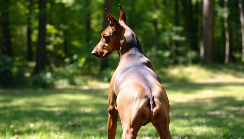 A stately brown Doberman stands in a sun-dappled clearing, its muscular frame and elegant lines accentuated by soft, directional lighting. Its sleek coat gleams with a rich chestnut hue, complemented by the deep, intelligent eyes and perked, attentive ears. The Doberman's powerful hindquarters and well-defined musculature are on full display, conveying a sense of strength and agility. In the background, a lush, verdant forest creates a natural, serene setting, allowing the subject to take center stage. The overall scene captures the essence of the breed's striking physical characteristics and commanding presence.
