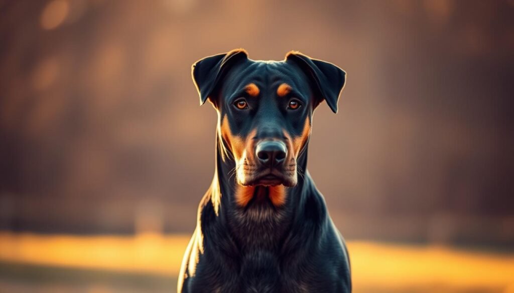 A striking Doberman Rottweiler mix stands with unwavering confidence, its muscular frame silhouetted against a softly blurred background. Warm, golden light bathes the scene, casting a gentle glow on the dog's sleek, black-and-tan coat. Its intelligent eyes convey a keen, attentive expression, hinting at the blend of loyalty, alertness, and protectiveness that defines the temperament of this hybrid breed. The dog's posture is poised, yet relaxed, suggesting a well-balanced, steadfast personality - a harmonious fusion of the Doberman's intensity and the Rottweiler's devotion. A striking Doberman Rottweiler mix stands with unwavering confidence, its muscular frame silhouetted against a softly blurred background. Warm, golden light bathes the scene, casting a gentle glow on the dog's sleek, black-and-tan coat. Its intelligent eyes convey a keen, attentive expression, hinting at the blend of loyalty, alertness, and protectiveness that defines the temperament of this hybrid breed. The dog's posture is poised, yet relaxed, suggesting a well-balanced, steadfast personality - a harmonious fusion of the Doberman's intensity and the Rottweiler's devotion.