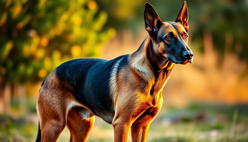 A striking German Shepherd Doberman mix standing proudly, its muscular physique and alert gaze commanding attention. The dog's coat is a seamless blend of the Shepherd's rich tan and the Doberman's sleek black, creating a striking visual contrast. The image is captured in a warm, golden-hour lighting that accentuates the dog's regal features. The background is a serene, natural setting with hints of lush greenery, suggesting the mix breed's adaptability to various environments. The dog's posture and expression convey a sense of strength, intelligence, and vigilance, hinting at the unique health considerations this breed may face.