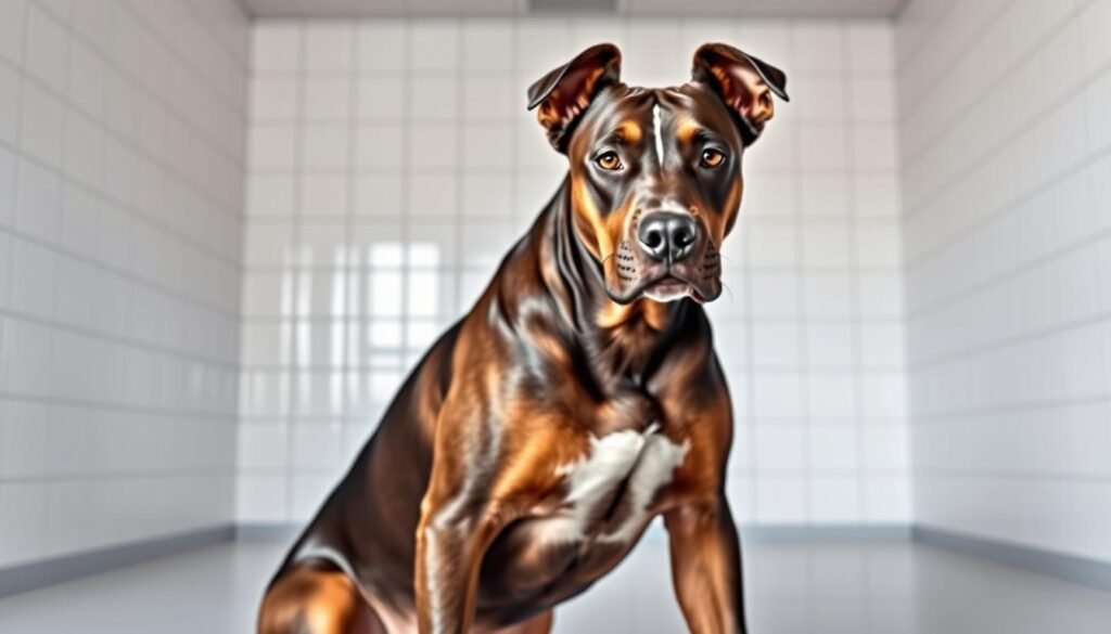 A veterinarian-style illustration of a Doberman Pitbull mix dog, shown in a clean, well-lit medical setting. The dog is sitting upright, facing the viewer, with a neutral expression. In the foreground, the dog's physique is meticulously detailed, showcasing the breed's distinctive features - the muscular build, broad chest, and pointed ears. In the middle ground, the dog's coat is rendered with a smooth, glossy texture, transitioning seamlessly from the dark, sleek hues of the Doberman to the lighter, brindle tones of the Pitbull. The background is a sterile, white-tiled room, creating a clinical atmosphere that emphasizes the health considerations of this mixed breed. Soft, directional lighting accentuates the dog's form, while a clean, crisp depth of field keeps the focus on the subject.