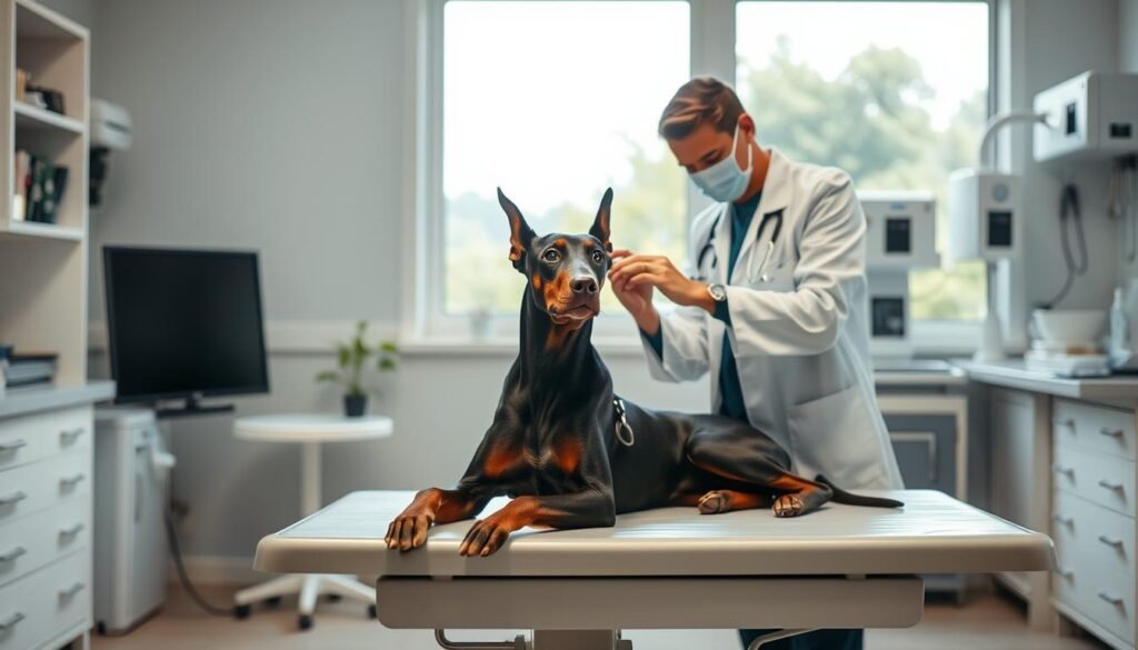 A veterinary clinic interior, with a well-lit examination room in the foreground. A Doberman patiently sits on the exam table as a veterinarian, wearing a white coat, carefully examines its ears. The room has modern, clean equipment and medical supplies visible, conveying a professional and sterile environment. Through a window in the background, a tranquil outdoor scene with lush greenery can be seen, suggesting a calming, natural atmosphere. Soft, diffused lighting creates a soothing ambiance, and the overall mood is one of trust, care, and expertise in selecting the right veterinarian for the Doberman's ear cropping procedure.