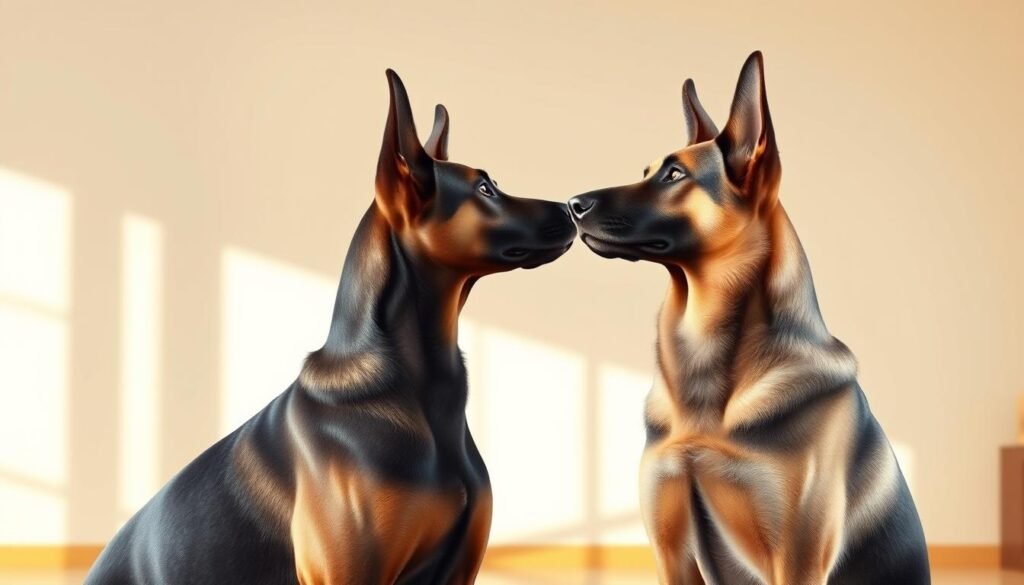 A veterinary-style illustration of a Doberman Pinscher and German Shepherd crossbreed in a detailed, realistic style. The dogs are shown in profile, facing each other in a warm, softly lit indoor setting. The foreground features the two canine subjects in sharp focus, with a clean, neutral background that gently fades into soft, muted tones. The lighting is natural and directional, creating dimensional shadows and highlights that accentuate the muscular builds and distinct features of the hybrid breed. The overall atmosphere conveys a sense of scientific study and medical evaluation, suitable for a health-focused article section. A veterinary-style illustration of a Doberman Pinscher and German Shepherd crossbreed in a detailed, realistic style. The dogs are shown in profile, facing each other in a warm, softly lit indoor setting. The foreground features the two canine subjects in sharp focus, with a clean, neutral background that gently fades into soft, muted tones. The lighting is natural and directional, creating dimensional shadows and highlights that accentuate the muscular builds and distinct features of the hybrid breed. The overall atmosphere conveys a sense of scientific study and medical evaluation, suitable for a health-focused article section.