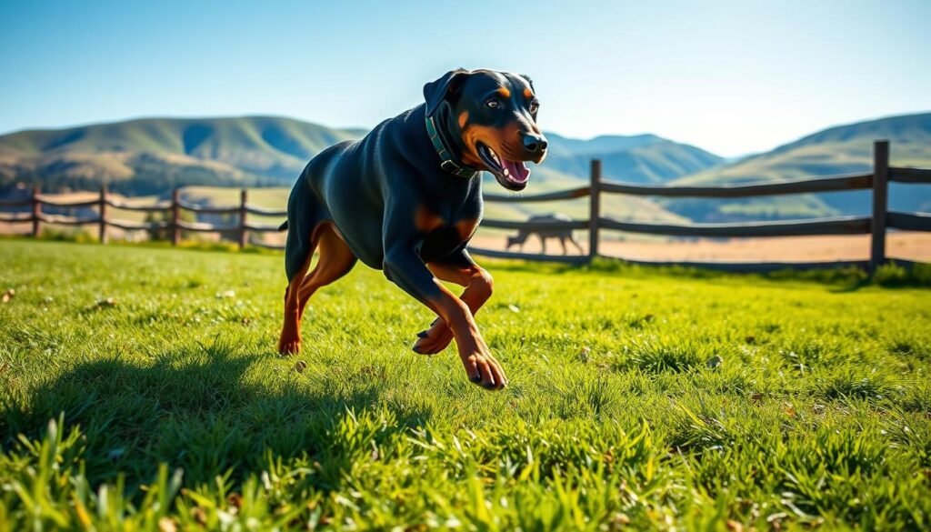 A vibrant outdoor scene capturing the energetic exercise of a Labrador mix Doberman. In the foreground, the muscular, sleek canine bounds through a lush, green field, its powerful legs propelling it forward with each stride. Sunlight dapples its glossy black and tan coat, highlighting the mix of Labrador and Doberman features. In the middle ground, a wooden fence frames the energetic display, while the background showcases rolling hills and a clear blue sky, creating a serene yet dynamic environment. The overall mood exudes a sense of vigor, athleticism, and the joy of an active lifestyle, reflecting the exercise requirements of this spirited hybrid breed.
