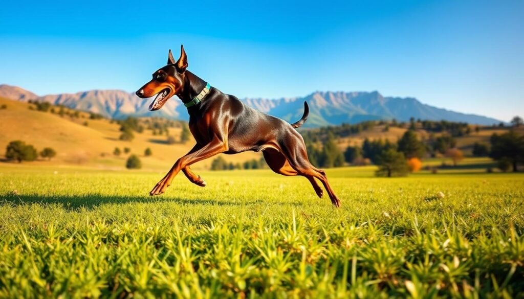 A vibrant outdoor scene showcasing a Doberman Alsation Cross dog engaged in energetic exercises. In the foreground, the muscular canine bounds enthusiastically through a lush, verdant field, its powerful legs propelling it forward with effortless grace. The middle ground reveals a rolling landscape dotted with scattered trees, creating a sense of depth and dimension. Warm, golden sunlight bathes the scene, casting a soft, natural glow that accentuates the dog's sleek, shiny coat. In the background, distant mountains rise majestically, their jagged peaks reaching towards a cloudless, azure sky. The overall atmosphere conveys the Doberman Alsation Cross's boundless energy, agility, and the ample space required to satisfy its exercise needs.