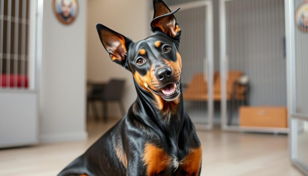 A warm and inviting scene of a Doberman x Shepherd dog happily sitting in a cozy adoption center. The hybrid pup is lovingly gazing at the camera, its alert, attentive expression capturing the friendly, intelligent nature of this unique breed. Soft, natural lighting illuminates the dog's sleek, muscular body and expressive features. The background is a muted, calming palette, allowing the adoptable dog to take center stage. The overall atmosphere conveys a sense of openness, comfort, and the promise of a loving forever home for this captivating crossbreed. A warm and inviting scene of a Doberman x Shepherd dog happily sitting in a cozy adoption center. The hybrid pup is lovingly gazing at the camera, its alert, attentive expression capturing the friendly, intelligent nature of this unique breed. Soft, natural lighting illuminates the dog's sleek, muscular body and expressive features. The background is a muted, calming palette, allowing the adoptable dog to take center stage. The overall atmosphere conveys a sense of openness, comfort, and the promise of a loving forever home for this captivating crossbreed.