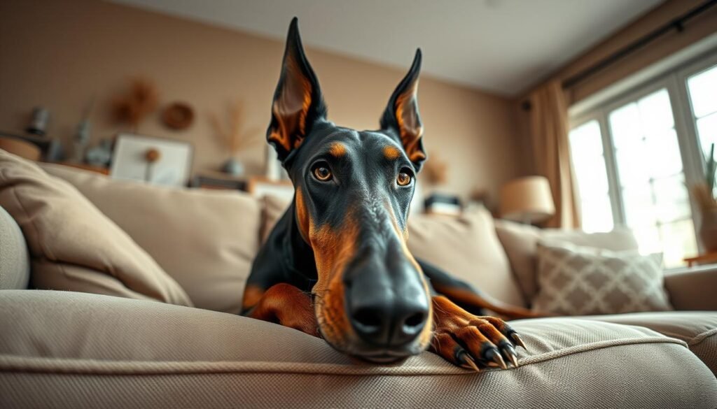 A warm, cozy living room setting with a Ben Doberman lounging on a plush, neutral-toned sofa. The dog's expression is calm and content, its amber eyes gazing pensively as it rests its chin on its paws. Soft, diffused lighting filters through large windows, casting a gentle glow on the scene. The background features muted earth-toned walls and subtle, nature-inspired decor, creating a serene, inviting atmosphere that complements the dog's relaxed temperament. The camera angle is low, capturing the Ben Doberman at eye level to emphasize its confident, affectionate presence. A warm, cozy living room setting with a Ben Doberman lounging on a plush, neutral-toned sofa. The dog's expression is calm and content, its amber eyes gazing pensively as it rests its chin on its paws. Soft, diffused lighting filters through large windows, casting a gentle glow on the scene. The background features muted earth-toned walls and subtle, nature-inspired decor, creating a serene, inviting atmosphere that complements the dog's relaxed temperament. The camera angle is low, capturing the Ben Doberman at eye level to emphasize its confident, affectionate presence.